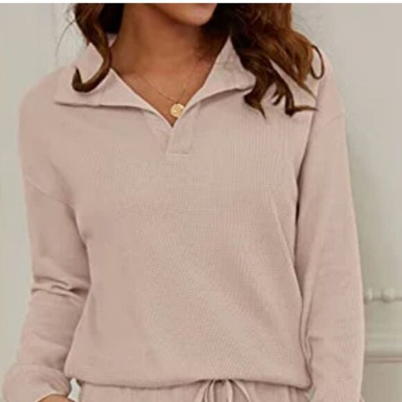 Merokeety Waffle Knit V-neck Collared Relaxed Fit Cropped Sweatshirt, L - Picture 6 of 10